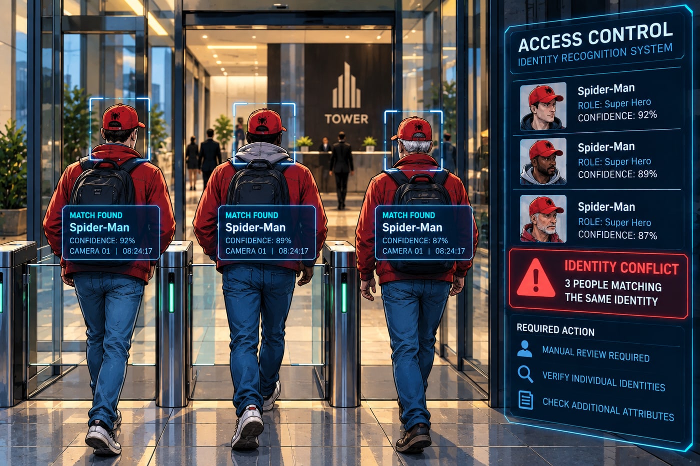 Three different people in red caps walk through separate turnstiles into a building lobby. An access-control panel beside them shows all three matched to the identity "Spider-Man" with confidence scores of 92%, 89% and 87%, and a red alert reading "Identity conflict: 3 people matching the same identity".